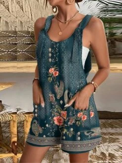Women's Overall Pocket Print Floral U Neck Casual Daily Going Out Baggy Shorts Loose Fit Strap Light Green Pink Blue S M L Summer -Outlet Suit Skirt Fit Store tafmov1685592098307