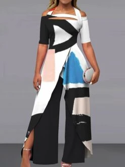 Women's Jumpsuit Print Abstract Off Shoulder Elegant Wedding Party Wide Leg Regular Fit Short Sleeve Black Pink Blue S M L Summer -Outlet Suit Skirt Fit Store tetgdb1685010231579