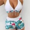 Sexy Women's Halter Bikinis Set High Waist Shorts Swimsuit Padded Deep V-Neck Bikini Push-up Swimwear Ladies Printing Beach Wear