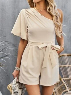 Women's Romper Lace Up Pocket Solid Color One Shoulder Holiday Daily Vacation Regular Fit Short Sleeve Black Pink Wine S M L Summer -Outlet Suit Skirt Fit Store tlfkoa1679450642610