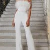 Women's Jumpsuit Feather Solid Color Strapless Streetwear Wedding Party Regular Fit Sleeveless White S M L Summer