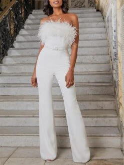 Women's Jumpsuit Feather Solid Color Strapless Streetwear Wedding Party Regular Fit Sleeveless White S M L Summer