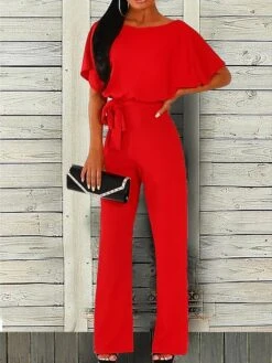 Women's Jumpsuit Belted Round Neck Basic Daily Straight Regular Fit Short Sleeve Black Blue Pink S M L Summer