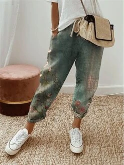 Women's Linen Pants Pants Trousers Baggy Full Length Side Pockets Baggy Micro-elastic Fashion Holiday Weekend White Red S M