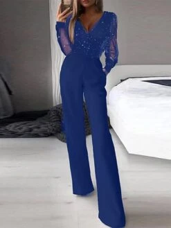 Women‘s Jumpsuit For Special Occasions Mesh Sequin Solid Color V Neck Elegant Party Prom Regular Fit Long Sleeve Black S M L SpringFall -Outlet Suit Skirt Fit Store tuuxiq1666840003090