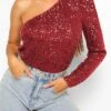 Women's Bodysuit Sequin Solid Color One Shoulder Streetwear Party Street Slim Long Sleeve Black White Pink S M L Fall