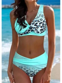 Women's Swimwear Bikini Normal Swimsuit 2 Piece Printing Leopard Blue Bathing Suits Sports Beach Wear Summer