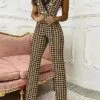 Women's Jumpsuit Button High Waist Houndstooth Shirt Collar Elegant Office Work Wide Leg Regular Fit Sleeveless White Blue Khaki S M L Fall