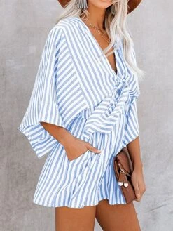 Women's Romper Lace Up Pocket Striped V Neck Casual Street Daily Regular Fit 3/4 Length Sleeve Pink Khaki Light Blue S M L Summer -Outlet Suit Skirt Fit Store ugvadm1678187362052