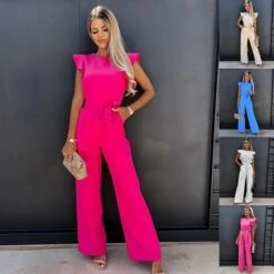 Women's Jumpsuit Ruffle Solid Color Crew Neck Elegant Vacation Going Out Wide Leg Regular Fit Sleeveless Blue Pink Khaki S M L Spring