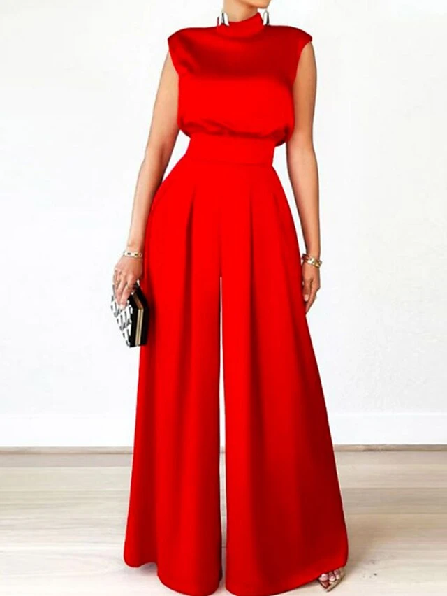 Women Party Jumpsuit Clean Fit Dressy Solid Color Turtleneck Vacation Regular Fit Sleeveless Red Apricot Black S M L SpringFall(Without Belt) 5 Women Party Jumpsuit Clean Fit Dressy Solid Color Turtleneck Vacation Regular Fit Sleeveless Red Apricot Black S M L SpringFall(Without Belt) - Image 5