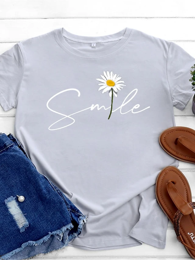 Women's Plus Size T Shirt Tee Cotton 100% Cotton Black White Yellow Daisy Print Short Sleeve Casual Weekend Basic Round Neck Regular Fit Floral Painting 12 Women's Plus Size T Shirt Tee Cotton 100% Cotton Black White Yellow Daisy Print Short Sleeve Casual Weekend Basic Round Neck Regular Fit Floral Painting - Image 12