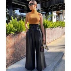 Women's Culottes Wide Leg Wide Leg Trousers Full Length PU Faux Leather Side Pockets Baggy Micro-elastic Mid Waist Fashion Party Casual Black S M Spring &Fall -Outlet Suit Skirt Fit Store uiyrdt1638357574789