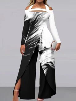 Women's Jumpsuit Print Gradient Off Shoulder Elegant Wedding Party Wide Leg Regular Fit Long Sleeve White Pink Light Blue S M L All Seasons