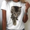 Women's T Shirt Tee Cotton 100% Cotton Black White Yellow Cat 3D Print Short Sleeve Casual Weekend Basic Round Neck Regular Fit 3D Cat Painting