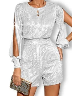 Women Party Jumpsuit Romper Sparkly Cut Out Sequin Solid Color Crew Neck Elegant Party Regular Fit Long Sleeve White Black Gold S M L Spring -Outlet Suit Skirt Fit Store ulrjyn1645436712333