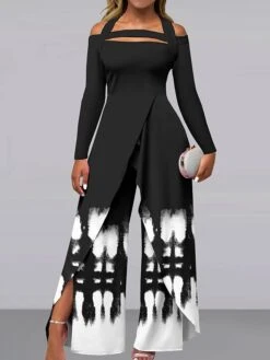 Women's Jumpsuit Print Gradient Off Shoulder Elegant Party Holiday Wide Leg Regular Fit Long Sleeve Black Camel Khaki S M L All Seasons