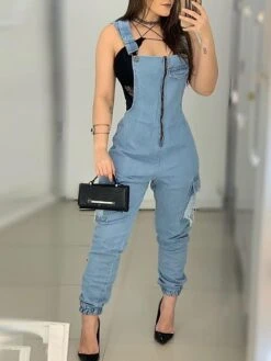 Women‘s Overall Cowgirl Denim Wear Zipper Pocket Solid Color U Neck Streetwear Street Vacation Regular Fit Strap Light Blue S M L Summer Fall