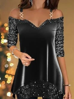 Women's T Shirt Tee Christmas Shirt Velvet Black Red Blue Sparkly Sequins Long Sleeve Party Christmas Weekend Festival / Holiday V Neck Regular Fit Spring &Fall -Outlet Suit Skirt Fit Store urnfhz1696991206391