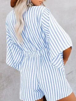 Women's Romper Lace Up Pocket Striped V Neck Casual Street Daily Regular Fit 3/4 Length Sleeve Pink Khaki Light Blue S M L Summer -Outlet Suit Skirt Fit Store uutmll1678187363279