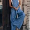 Women‘s Overall Pocket Solid Color Denim Square Neck Casual Daily Regular Fit Sleeveless Blue Light Blue S M L Spring