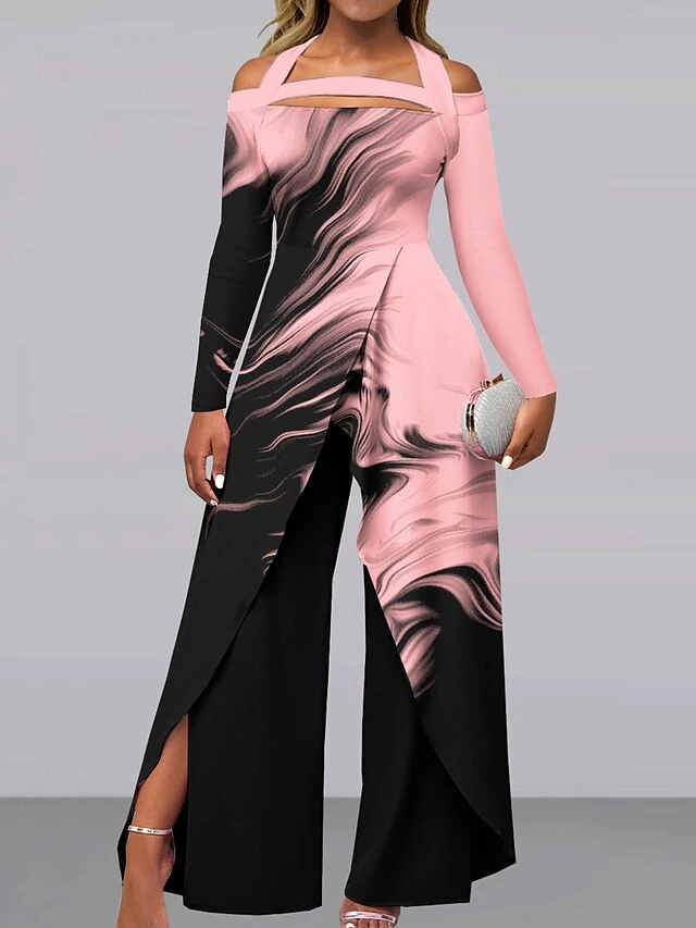 Women's Jumpsuit Print Gradient Off Shoulder Elegant Wedding Party Wide Leg Regular Fit Long Sleeve White Pink Light Blue S M L All Seasons 3 Women's Jumpsuit Print Gradient Off Shoulder Elegant Wedding Party Wide Leg Regular Fit Long Sleeve White Pink Light Blue S M L All Seasons - Image 3