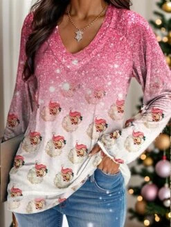 Women's T Shirt Tee Christmas Shirt Black Pink Blue Snowman Print Long Sleeve Christmas Weekend Fashion Christmas V Neck Regular Fit Painting Spring &Fall -Outlet Suit Skirt Fit Store vexciw1694946119738