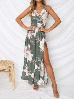 Women's Jumpsuit Split Print Floral V Neck Holiday Daily Holiday Regular Fit Sleeveless White Pink Green S M L Summer
