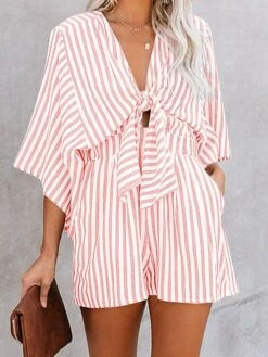 Women's Romper Lace Up Pocket Striped V Neck Casual Street Daily Regular Fit 3/4 Length Sleeve Pink Khaki Light Blue S M L Summer