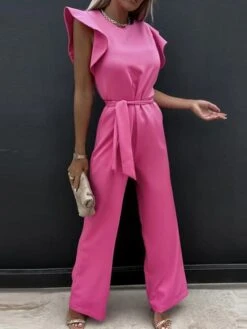 Women's Jumpsuit Lace Up Ruffle Solid Color Crew Neck Streetwear Party Holiday Regular Fit Sleeveless Blue Pink Fuchsia S M L Spring -Outlet Suit Skirt Fit Store vjgsxh1654676550868