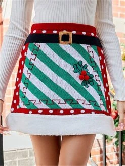 Women's Skirt A Line Mini Acrylic Red Skirts Fall & Winter Patchwork Knitting Belt Included High Waist Fashion Casual Christmas Xmas Street M L XL -Outlet Suit Skirt Fit Store vjibin1694270331884