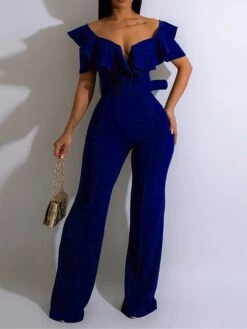 Women's Jumpsuit Ruffle High Waist Solid Color Off Shoulder Elegant Wedding Party Regular Fit Short Sleeve Black Red Blue S M L Fall -Outlet Suit Skirt Fit Store vmylaw1697522068075