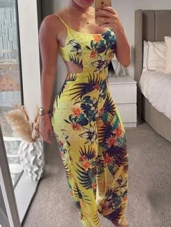 Women's Jumpsuit Backless Print Floral Round Neck Streetwear Street Daily Regular Fit Sleeveless Yellow S M L Summer