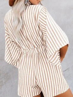 Women's Romper Lace Up Pocket Striped V Neck Casual Street Daily Regular Fit 3/4 Length Sleeve Pink Khaki Light Blue S M L Summer -Outlet Suit Skirt Fit Store vopvcn1678187359775