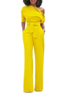 Women's Jumpsuit For Special Occasions Christmas Pocket High Waist Solid Color Cold Shoulder Business Office Work Party Xmas Regular Fit Half Sleeve Black White Yellow S M L Summer -Outlet Suit Skirt Fit Store voywsx1681106798802
