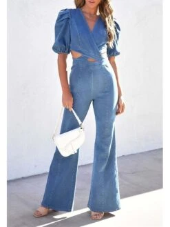 Women‘s Jumpsuit Cut Out Solid Color DenimV Neck Streetwear Daily Vacation Regular Fit Short Sleeve Black Blue S M L Spring