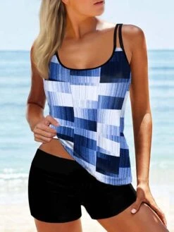 Women's Swimwear Tankini 2 Piece Normal Swimsuit 2 Piece Printing Geometic Pink Blue Green Tank Top Bathing Suits Sports Beach Wear Summer