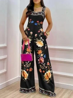 Women's Jumpsuit Print Floral Square Neck Casual Daily Vacation Straight Regular Fit Sleeveless Black S M L Spring