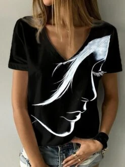 Women's T Shirt Tee Black White Gray Graphic Letter Print Short Sleeve Daily Weekend Daily Basic Casual V Neck Regular S -Outlet Suit Skirt Fit Store vqwtyf1645433307181