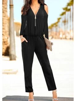 Women's Jumpsuit Solid Color Cold Shoulder Business Office Work Straight Regular Fit Long Sleeve Black S M L Winter
