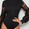Women's Bodysuit Lace High Waist Solid Color Stand Collar Streetwear Work Street Regular Fit Long Sleeve Lantern Sleeve Black S M L Fall