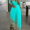 Women's Jumpsuit Print Leopard V Neck Formal Wedding Party Wide Leg Regular Fit Half Sleeve Bell Sleeve Light Green Pink Royal Blue S M L Summer