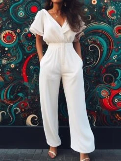 White Jumpsuit For Women Zipper Solid Color Patch Pocket V Neck Ordinary Party Daily Straight Regular Fit Half Sleeve Bell Sleeve Black Royal Blue S M L Summer
