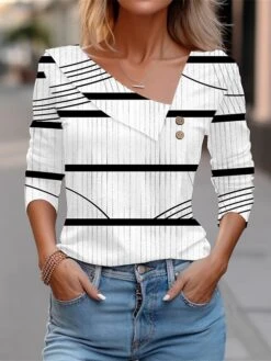 Women's T Shirt Tee White Red Blue Striped Button Print Long Sleeve Daily Weekend Fashion Daily Basic V Neck Regular Fit Painting Fall & Winter