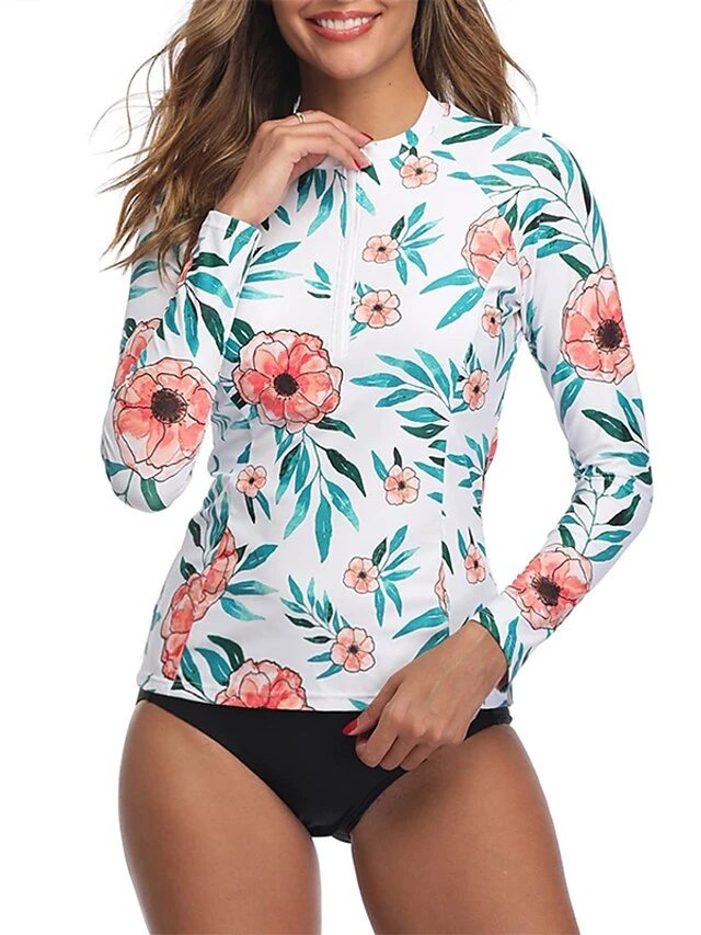 Women's Swimwear Rash Guard Diving Normal Swimsuit Half Zip Mixed Color Floral Print Plant Black White Pink Padded High Neck Bathing Suits New Vacation Holiday 3 Women's Swimwear Rash Guard Diving Normal Swimsuit Half Zip Mixed Color Floral Print Plant Black White Pink Padded High Neck Bathing Suits New Vacation Holiday - Image 3