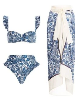 Women's Swimwear Bikini Three Piece Normal Swimsuit Ruffle 3-Piece Plant Multicolor Blue Purple Padded Strap Bathing Suits New Hawaiian Retro