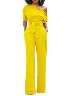 Jumpsuits For Women Dressy Pocket High Waist Solid Color One Shoulder Elegant Xmas Party Christmas Street Regular Fit Half Sleeve Black Blue Yellow S M L Fall Winter Summer -Outlet Suit Skirt Fit Store wiurjw1666854271887