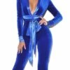 Women‘s Jumpsuit Lace Up Solid Color Velvet V Neck Elegant Wedding Party Regular Fit Long Sleeve Black Red Blue S M L Summer