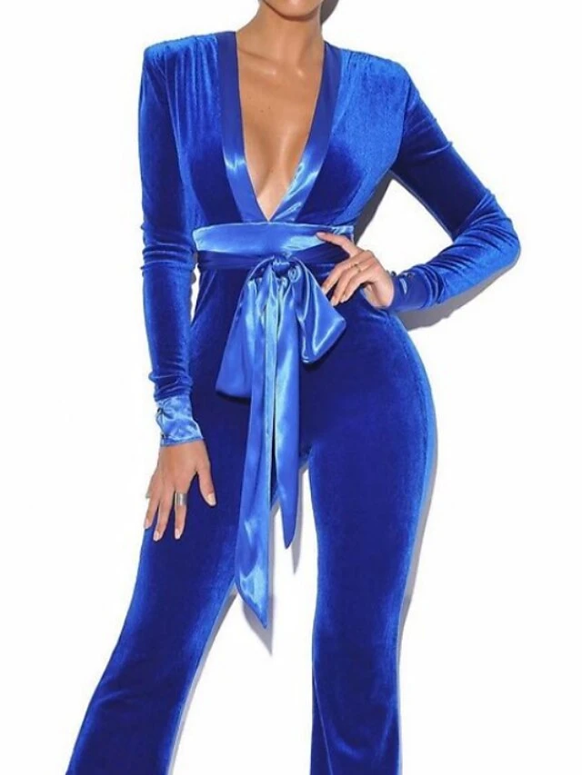 Women‘s Jumpsuit Lace Up Solid Color Velvet V Neck Elegant Wedding Party Regular Fit Long Sleeve Black Red Blue S M L Summer 1 Women‘s Jumpsuit Lace Up Solid Color Velvet V Neck Elegant Wedding Party Regular Fit Long Sleeve Black Red Blue S M L Summer