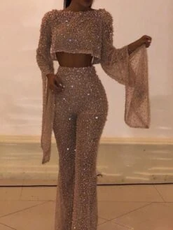 Women‘s Jumpsuit Sparkly Backless Cut Out Solid Color Crew Neck Elegant Party Vacation Regular Fit Long Sleeve Gold S M L Spring